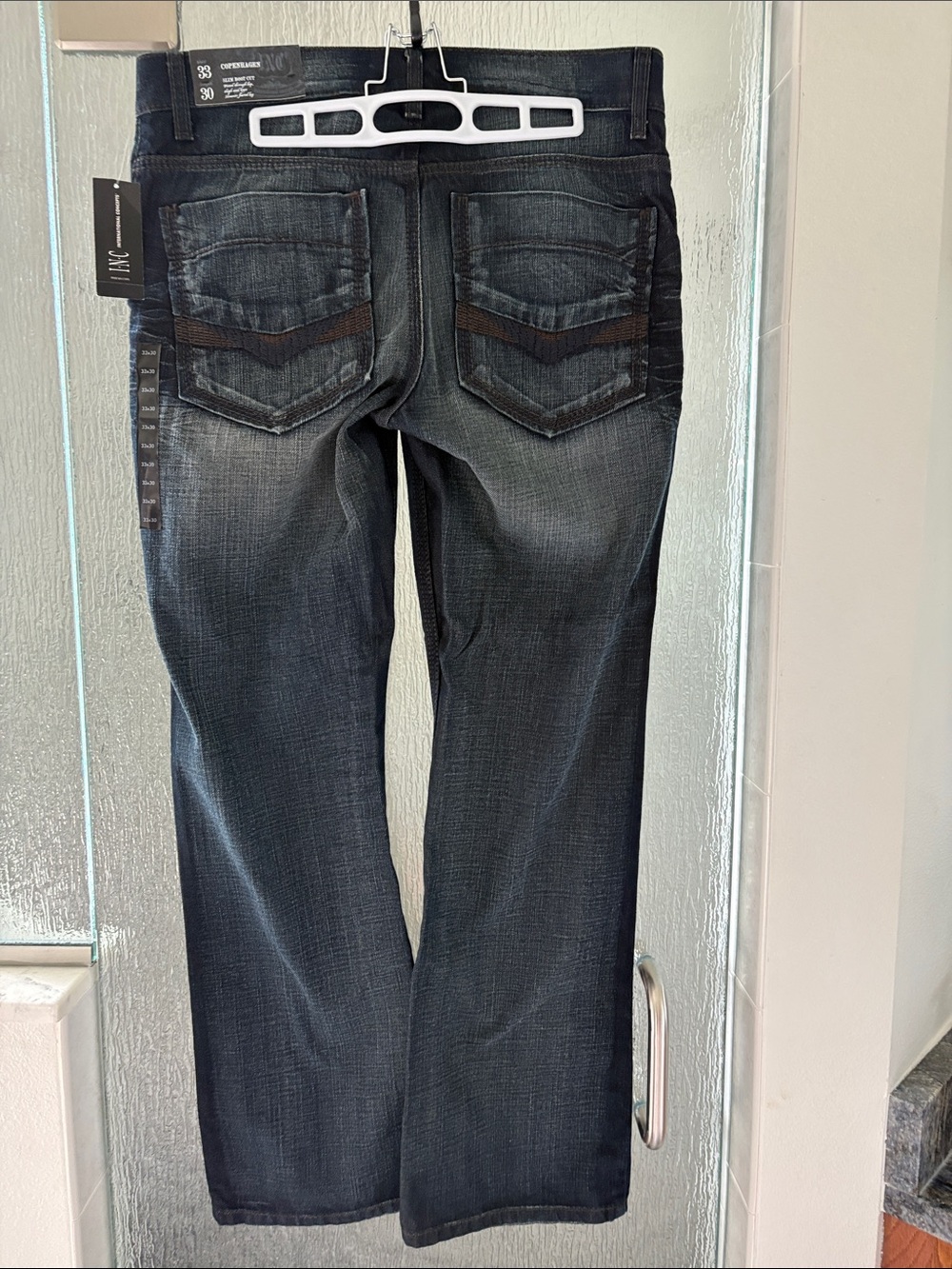 INC International Concepts Men's Bootcut Jeans in Dark Blue with Black Accents